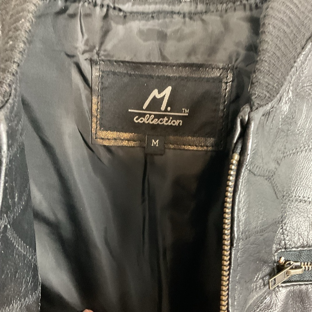 M. Collection Women’s Black Leather Patchwork Zip Up Bomber Jacket Sz Med - Picture 13 of 15